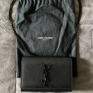 Authentic Kate Small YSL Grain de Poudre Chain Shoulder Bag, Black Hardware.